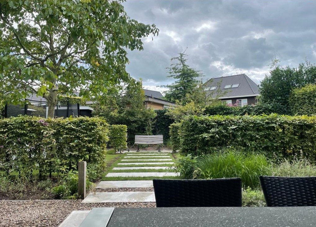 Strakke tuin met stapstenen door siergrind, hagen en gazon